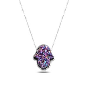 Klenoty Amber Strieborný náhrdelník hamsa fialová drôza