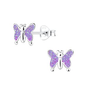 Klenoty Amber Strieborné náušnice Motýlik s fialovými krídelkami