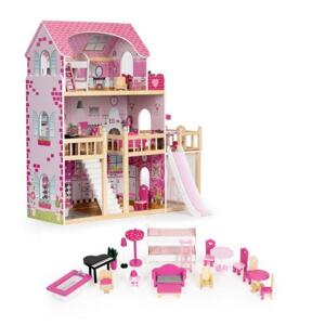 Domček pre bábiky s terasou a šmykľavkou, 18 drevených kusov nábytku
