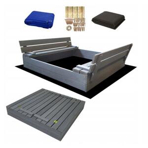 Sivé impregnované uzatvárateľné pieskovisko s lavičkami - 120x120 cm