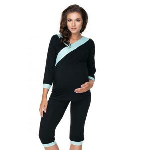 Tehotenské a dojčiace pyžamo s 3/4 nohavicami s brušným panelom a tričkom s 3/4 rukávom s výstrihom - čierne/svetlomodré