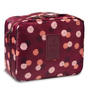 Bordová kozmetická taška pre dámy s kvetovaným motívom