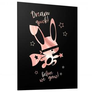 Čierny detský plagát so zrkadlovou grafikou ružového ninja králika