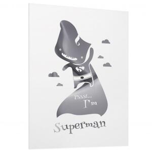 Detsky biely plagát so zrkadlovou grafikou strieborného Supermana