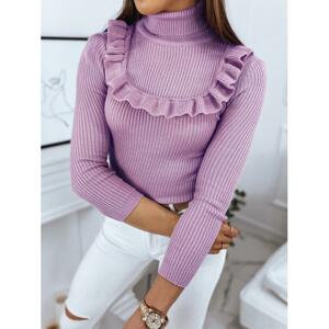 Rebrovaný dámsky sveter fialovej farby s ozdobným volánom