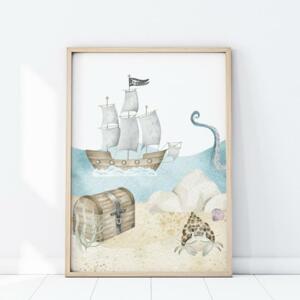 Detský plagát na stenu s pirátskou loďou