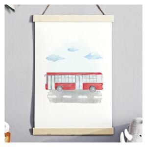 Biely plagát do detskej izby s motívom autobusu v akcii