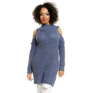 Dámsky huňatý sveter s odhalenými ramenami v modrej farbe