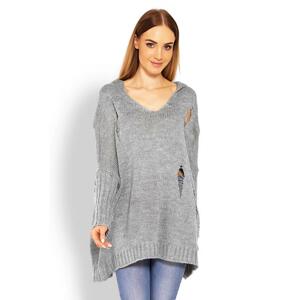 Sivý oversize sveter s kapucňou a dekoratívnymi dierami pre dámy