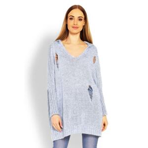 Modrý oversize sveter s kapucňou a dekoratívnymi dierami pre dámy