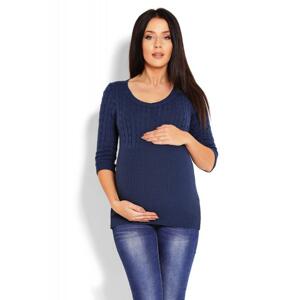 Tmavomodrý vypasovaný sveter s 3/4 rukávmi pre tehotné