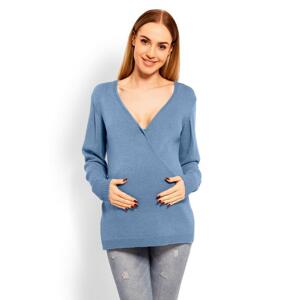 Tehotenský modrý vlnený sveter s V výstrihom