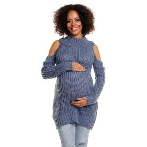 Modrý huňatý sveter s odhalenými ramenami pre tehotné