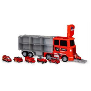 Červené nákladné vozidlo s autami
