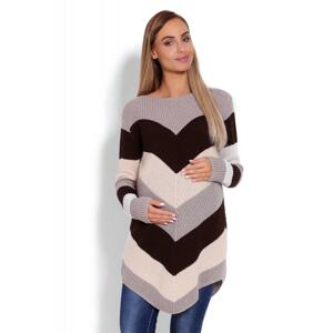 Tehotenský zaoblený dlhý sveter so šikmými pruhmi v cappuccinovej farbe