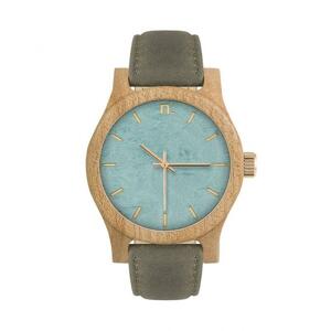 Dámske drevené hodinky s koženým remienkom v sivo-modrej farbe