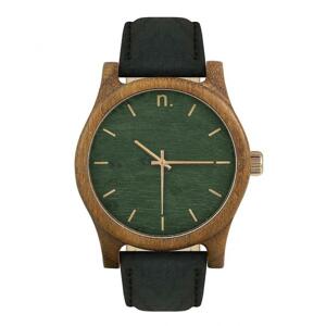 Čierno-zelené drevené hodinky s koženým remienkom pre pánov