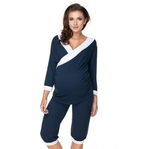 Tehotenské a dojčiace pyžamo s 3/4 nohavicami s brušným panelom a tričkom s 3/4 rukávom s výstrihom - tmavomodré/biele